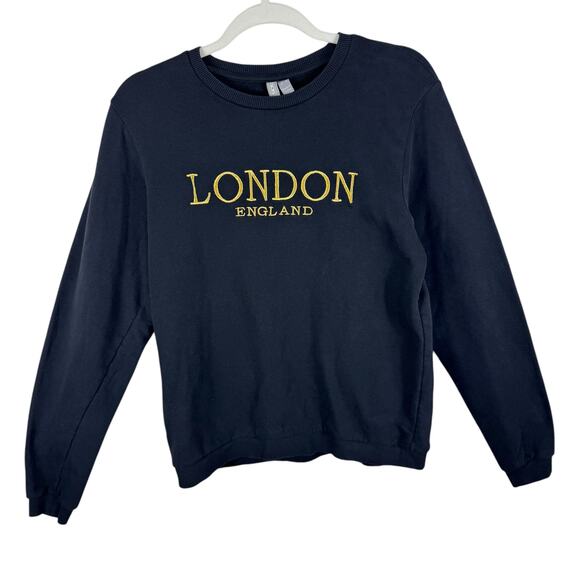 Asos Black Gold Embroidered London England Crew Neck Long Sleeve Sweatshirt Sz 6 - Picture 1 of 6